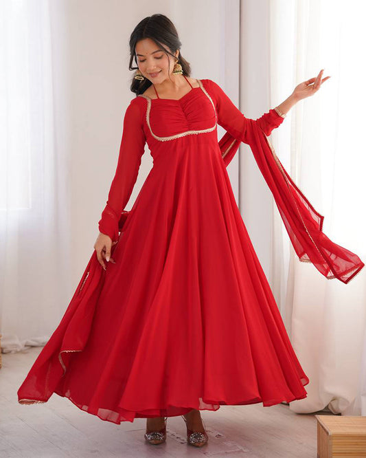Red Color Pure Blooming Georgette Anarkali Gown