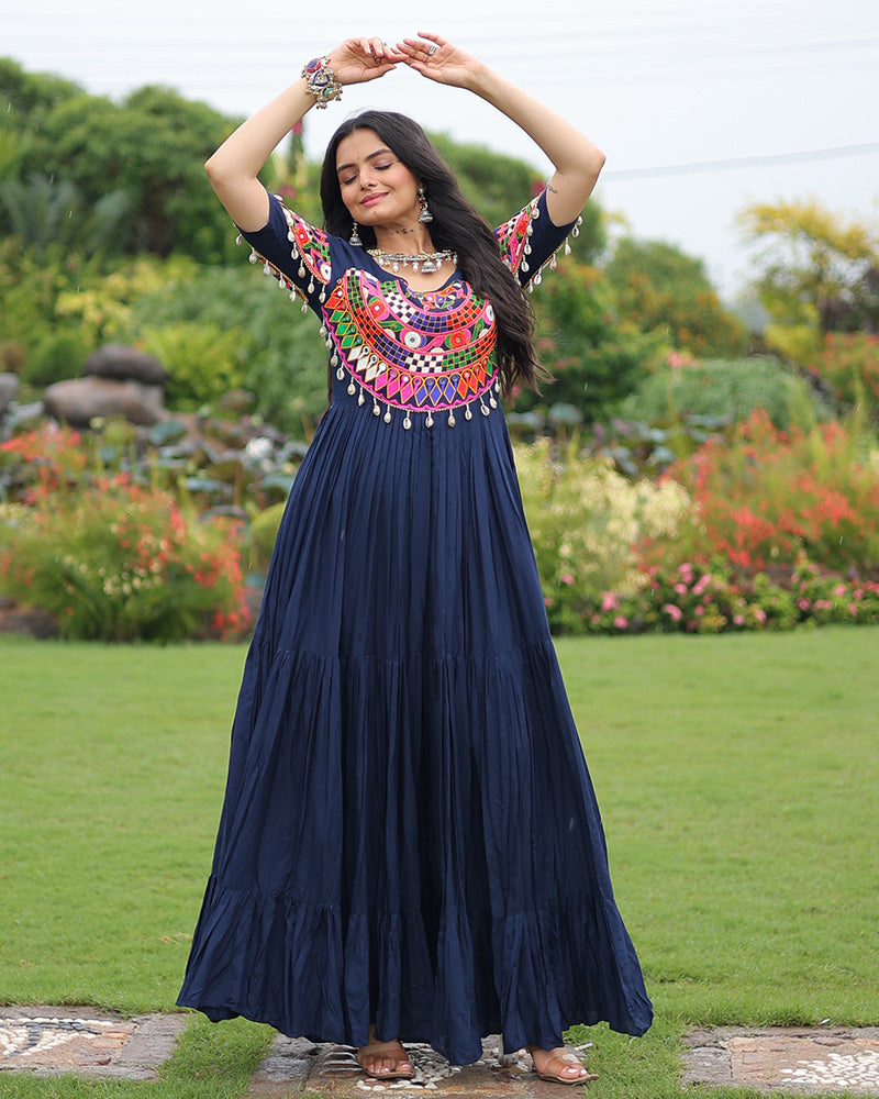 Royal Blue Color Rayon Navratri Gown