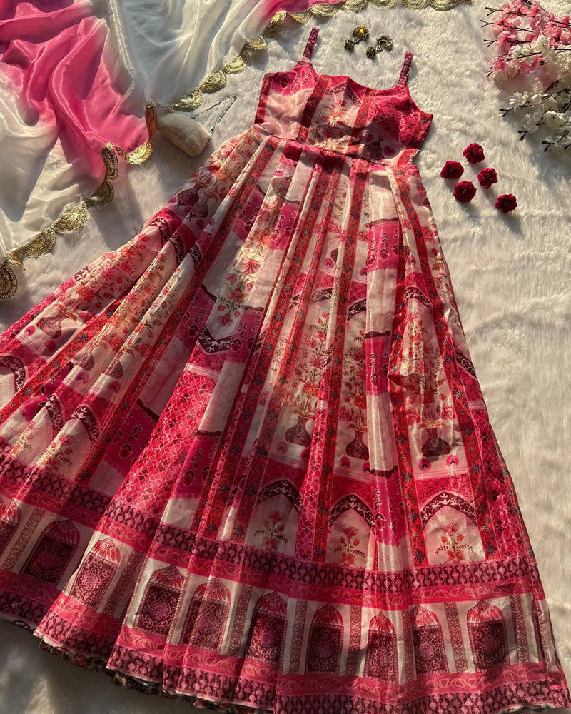 Baby Pink Color Digital Print Soft Organza Gown