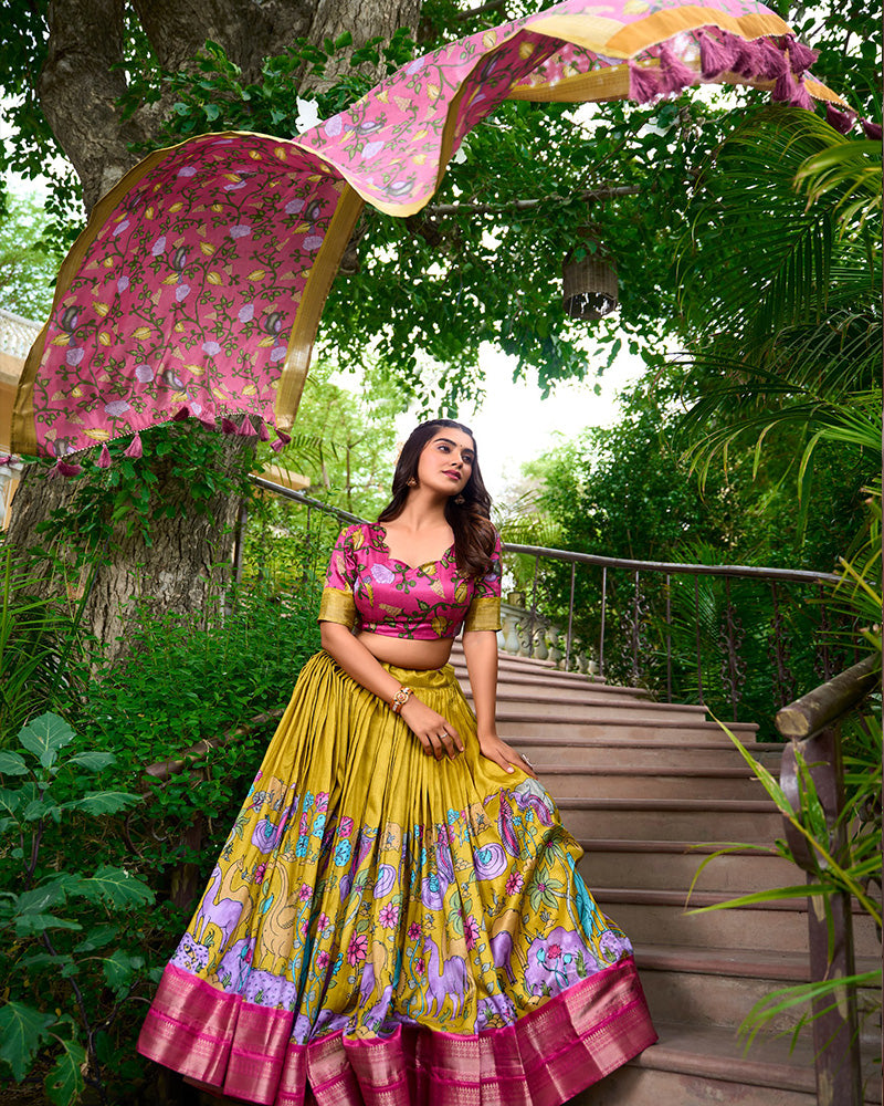 Mustard Color Dola Silk Designer Kalamkari Print Half Saree