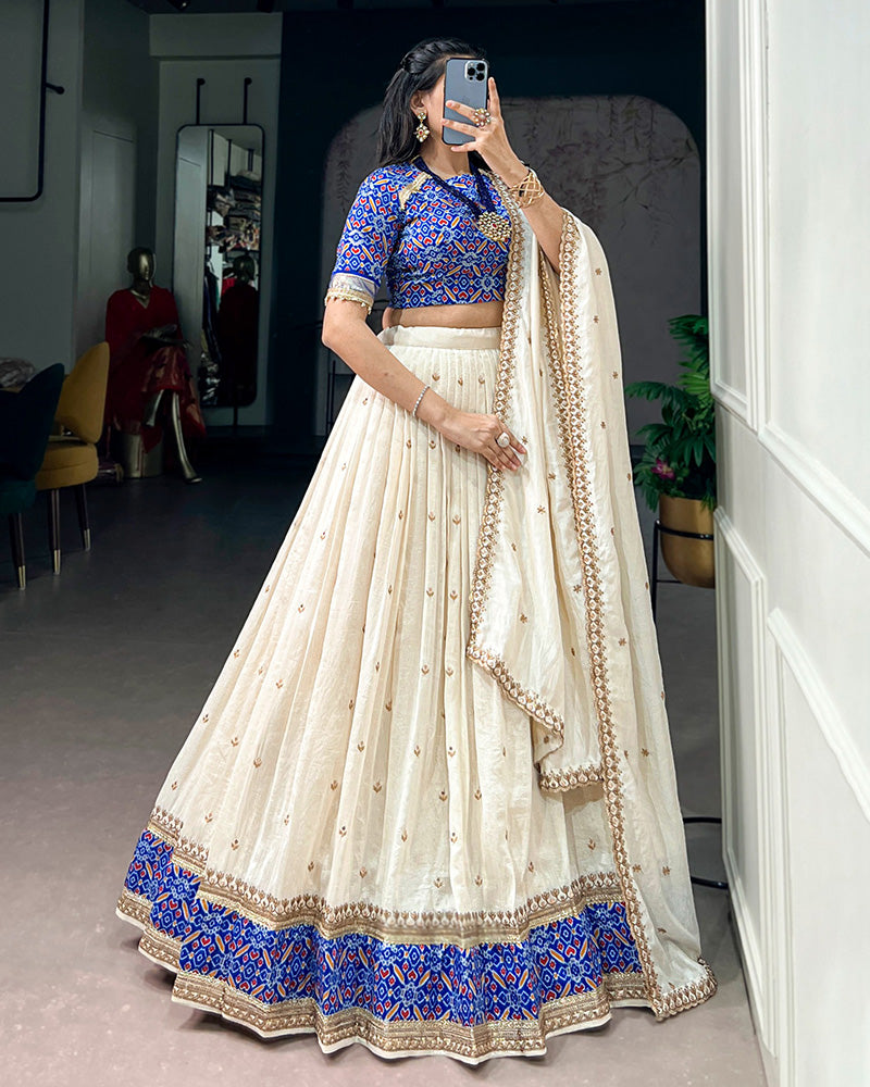 Off-White Color Vichitra Silk Sequence Embroidered Lehenga Choli
