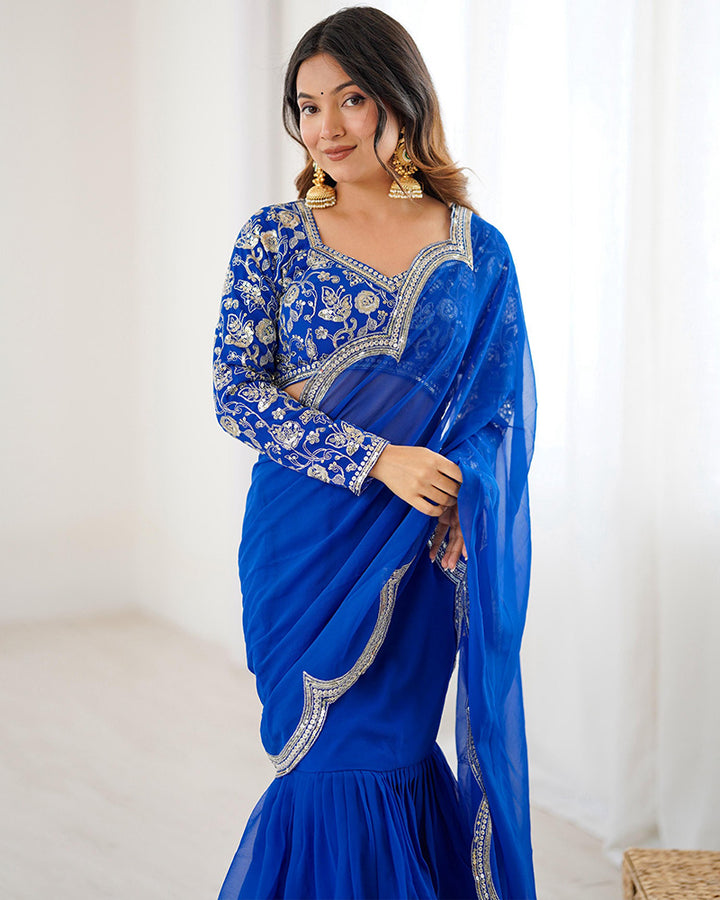 Blue Color Faux Georgette Ruffle Lehenga Saree