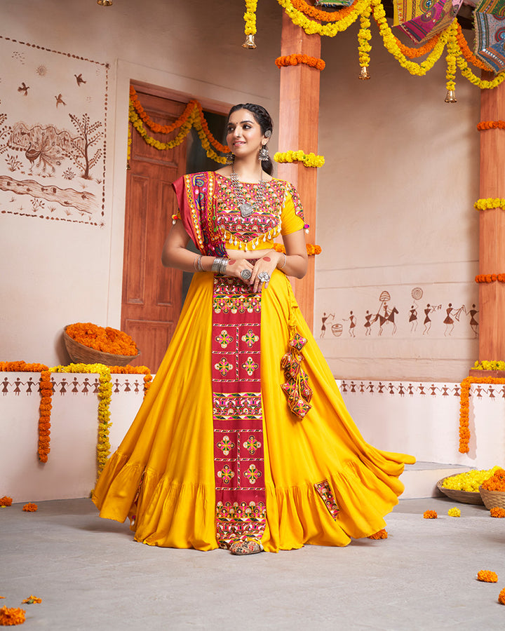 Yellow Color Viscose Rayon Thread And Mirror Work Fully Stitched Navratri Lehenga Choli