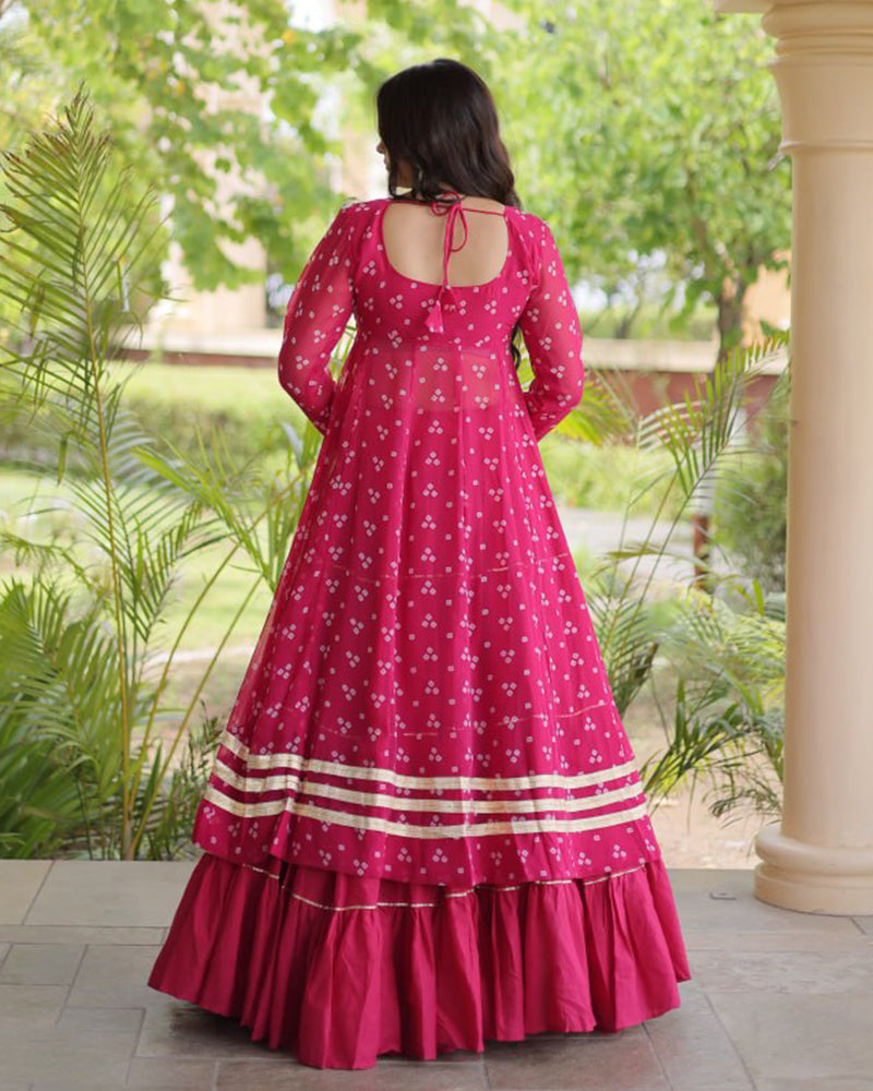 Pink Color Bandhani Printed Kurti With Kora Cotton Lehenga Choli