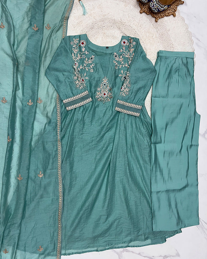 Dusty Teal Color Mal Cotton Three Piece Kurti Suit