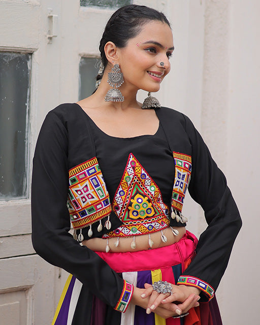 Multi Color Roman Lehenga With Black Koti Style Blouse