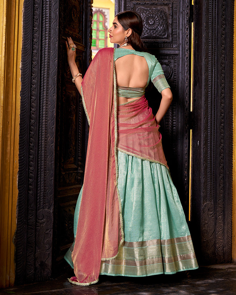 Sky Blue Color Dupion Silk Zari Weaving Half Saree