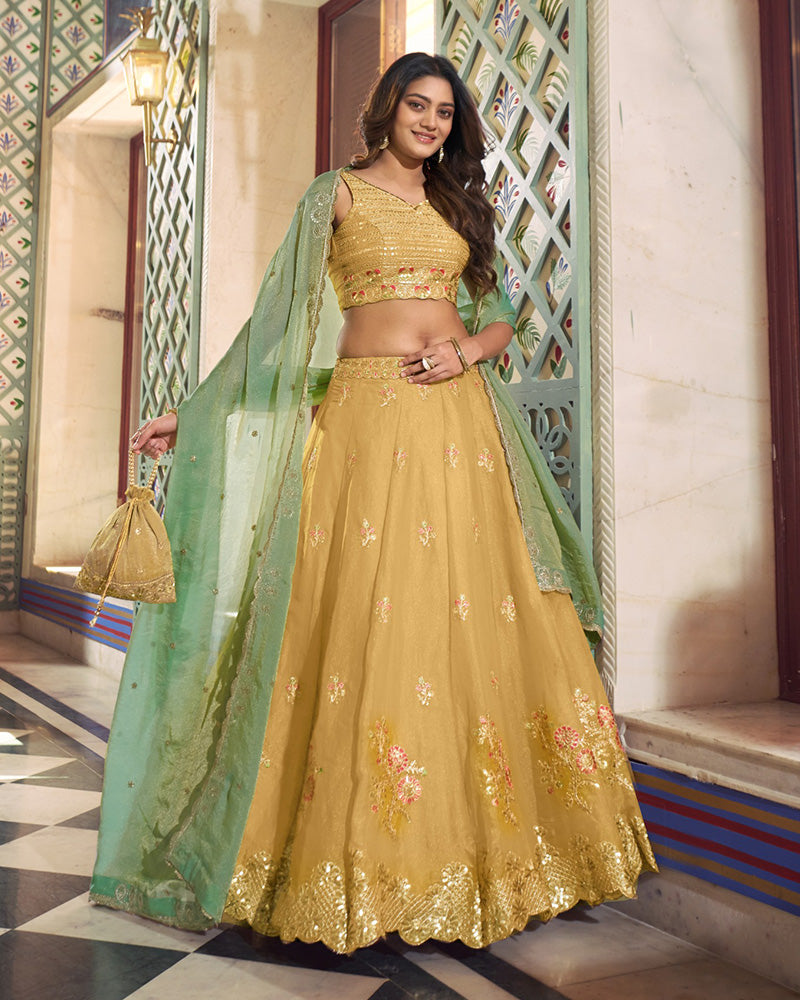 Yellow Color Moss Silk Embroidered Lehenga Choli