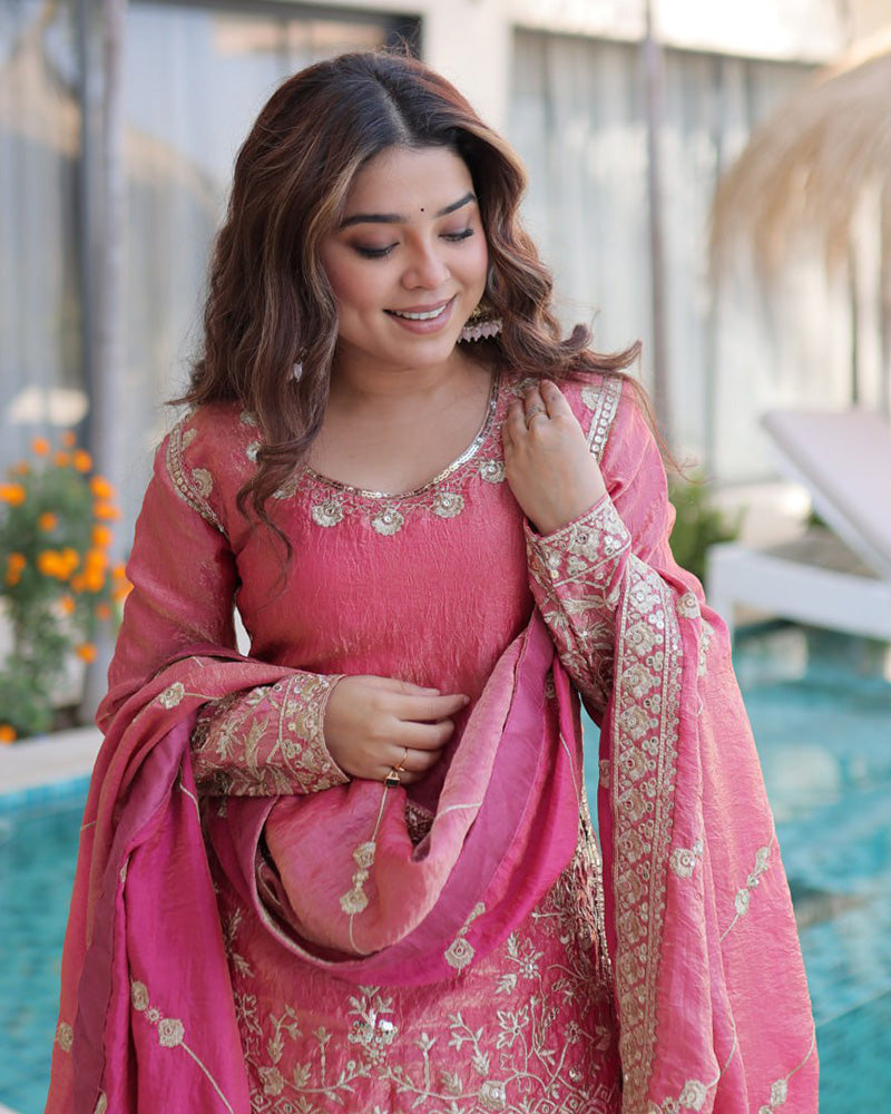 Peach Color Fendi Crush Embroidered Plazzo Suit