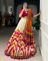 Red Color Tasar Silk Dye Printed Lehenga Choli