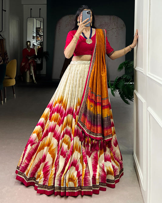 Red Color Tasar Silk Dye Printed Lehenga Choli