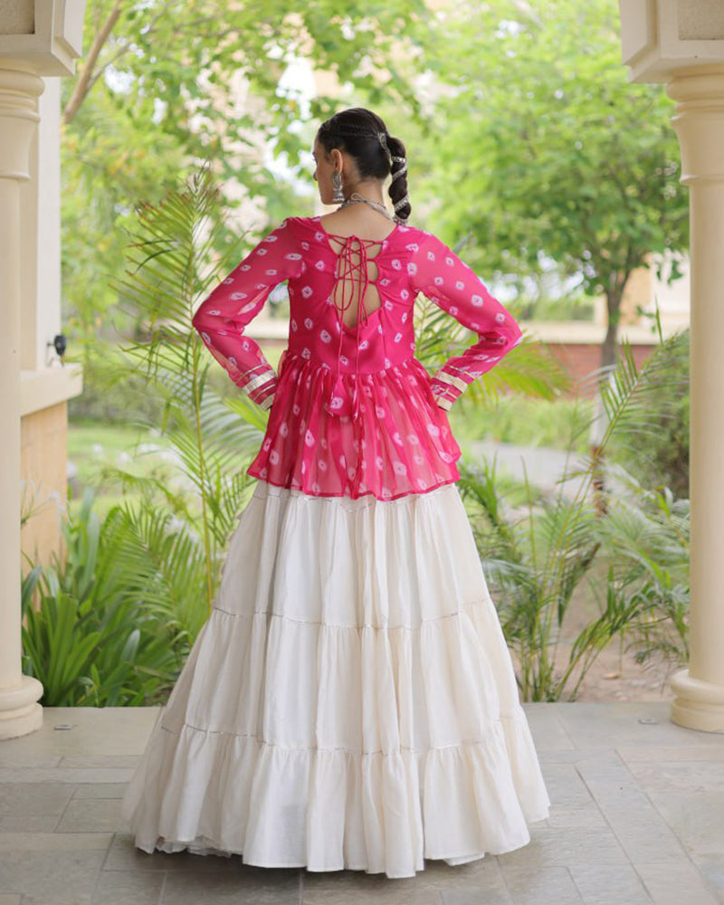 Rani Pink Color Bandhani Printed With Kora Cotton Navratri Lehenga Set