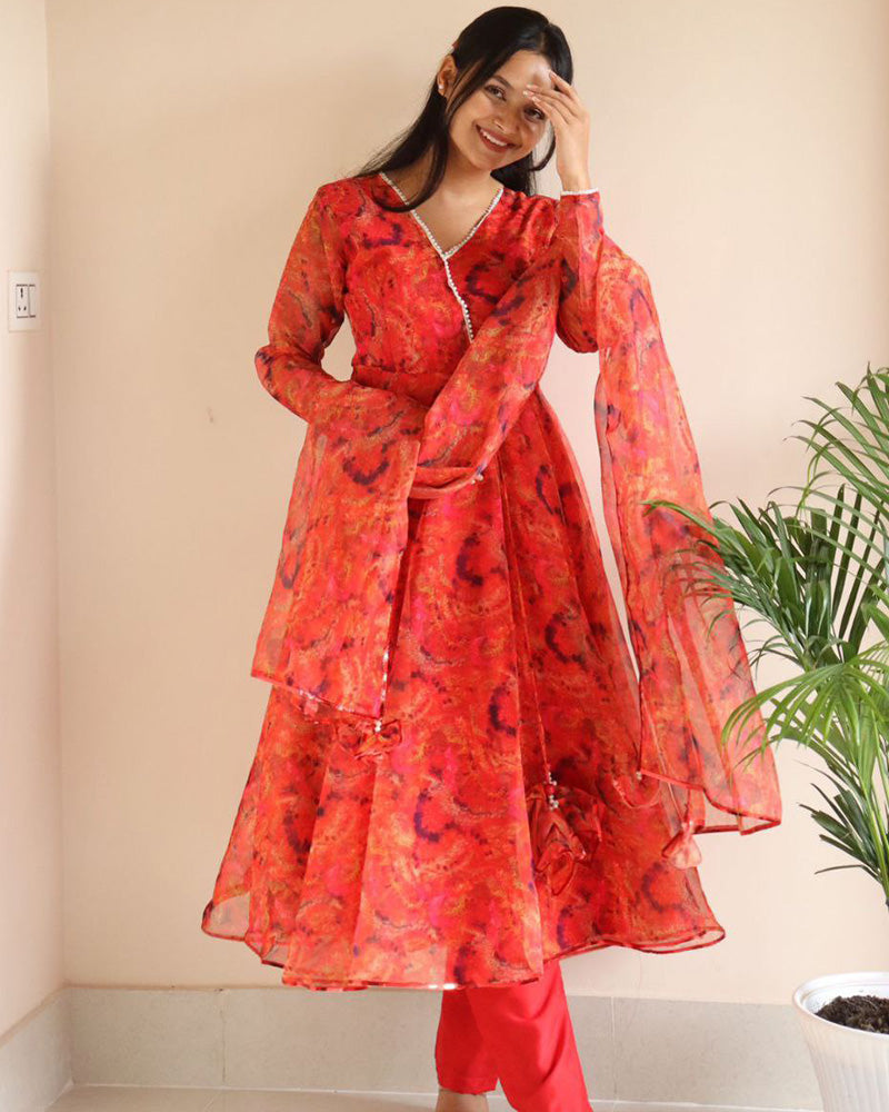 Orange Color Printed Pure Organza Silk Anarkali Suit