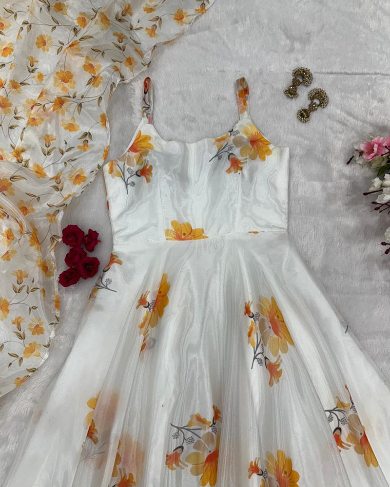 White Color Digital Printed Soft Organza Gown