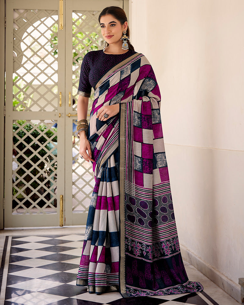 Navy Blue Color Polyester Chanderi Printed Saree