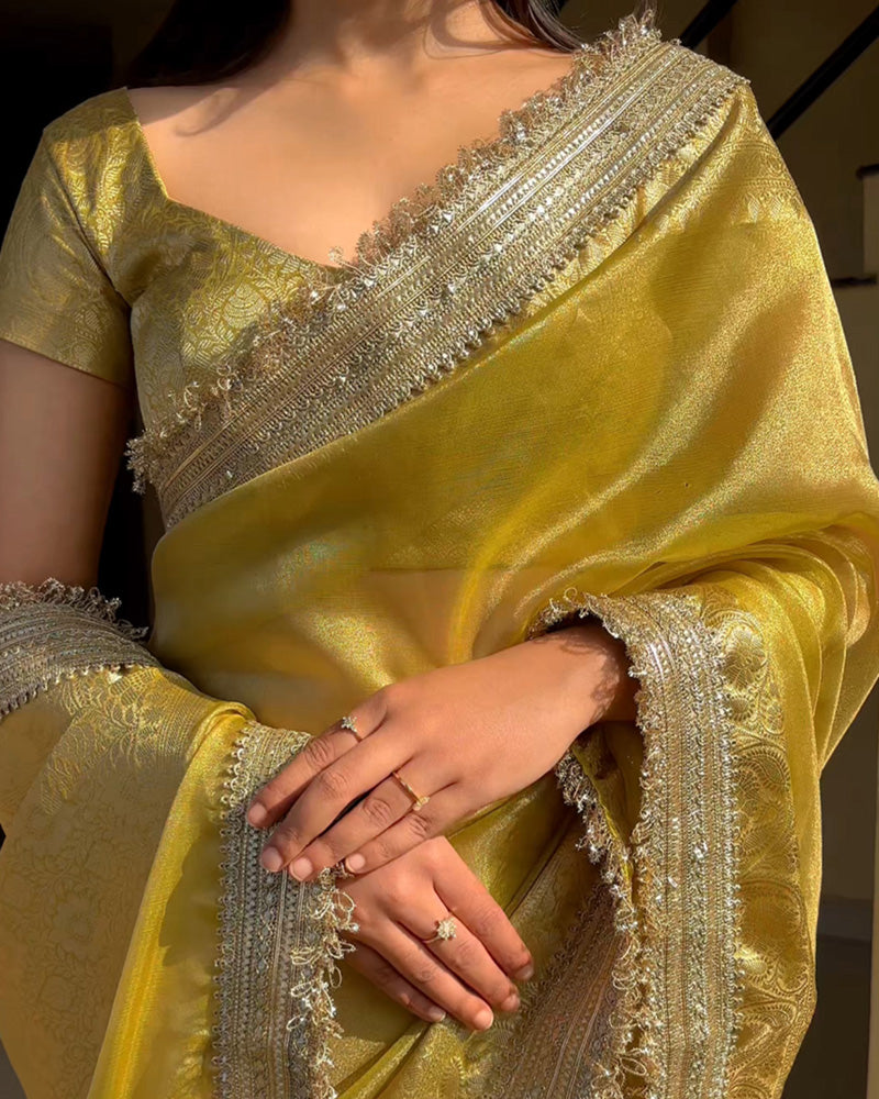 Yellow Coloor Banarasi Organza Tissue Silk Saree