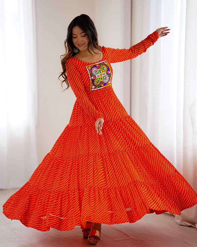 Orange Color Georgette Laheriya Print Navratri Gown