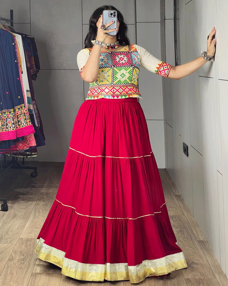 White And Gajari Pink Color Rayon cotton Navratri Lehenga Set