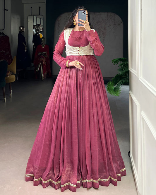 Pink Color Silver Glossy Gown