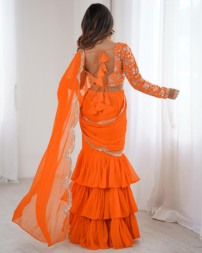 Orange Color Faux Georgette Ruffle Lehenga Saree