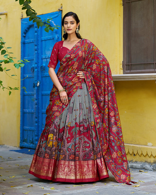 Grey Color Tussar Silk Kalamkari Printed Lehenga Choli