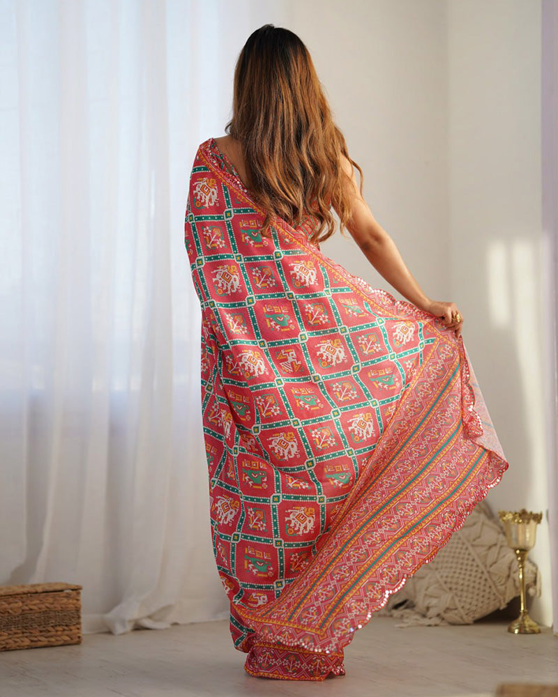 Tomato Color Chinnon Silk Saree