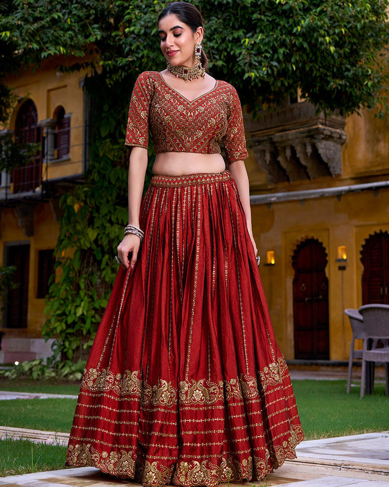 Rust Orange Color Rangoli Crush Embroidered Lehenga Choli