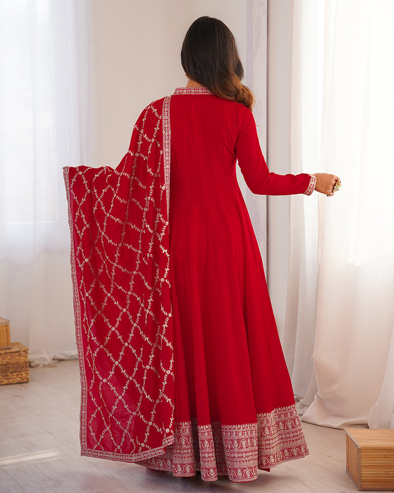 Red Color Vichitra Silk Embroidered Gown