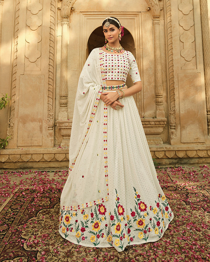 Designer White Color Georgette Semi Stitched Lehenga Choli