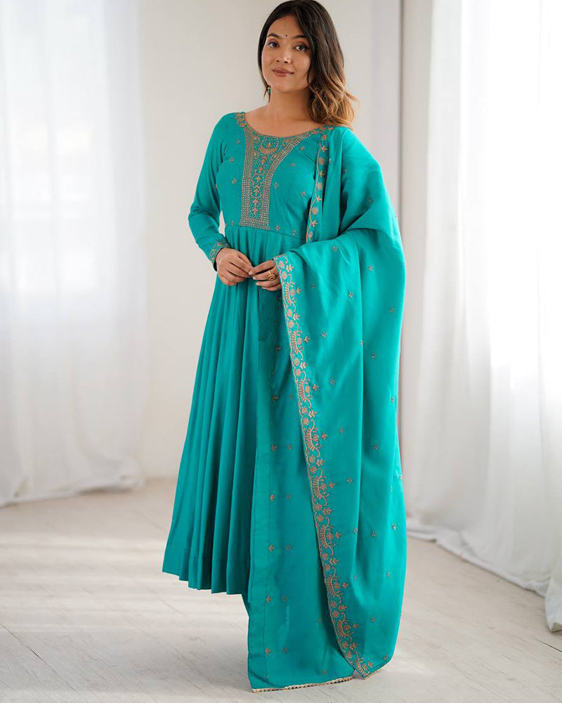 Rama Color Pure Chanderi Silk Three Piece Anarkali Suit