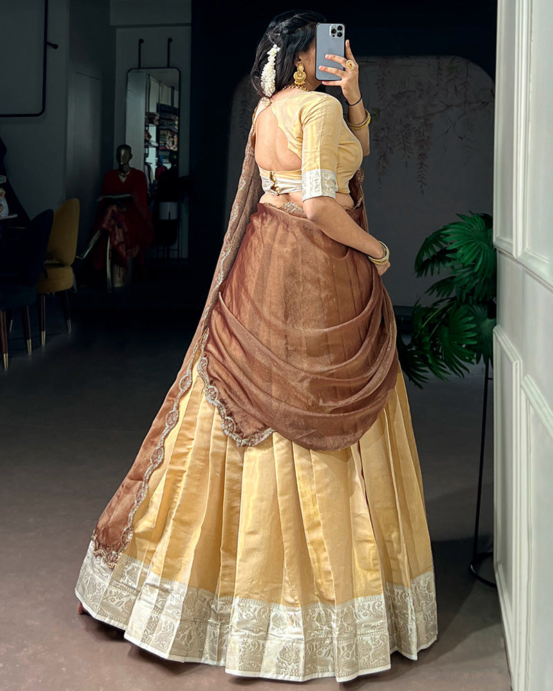 South Indian Style Cream Color Kanchipuram Half Saree