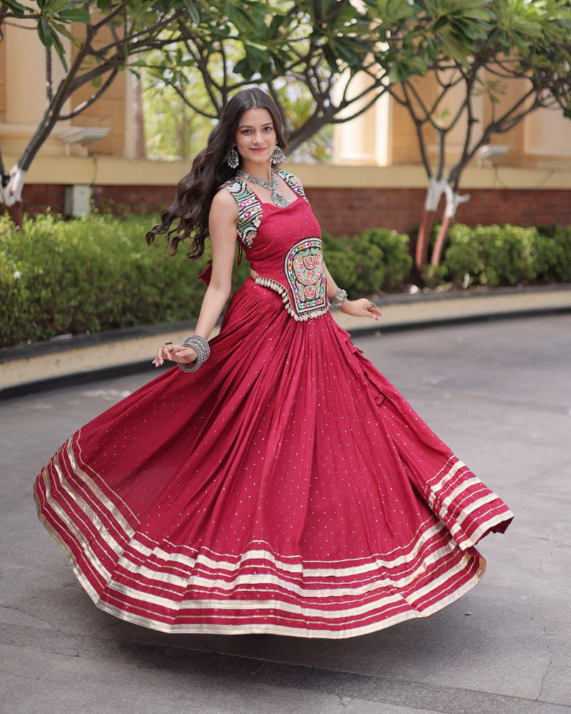Six Color Rayon Mukesh-work With Patti Lace Navratri Lehenga Set