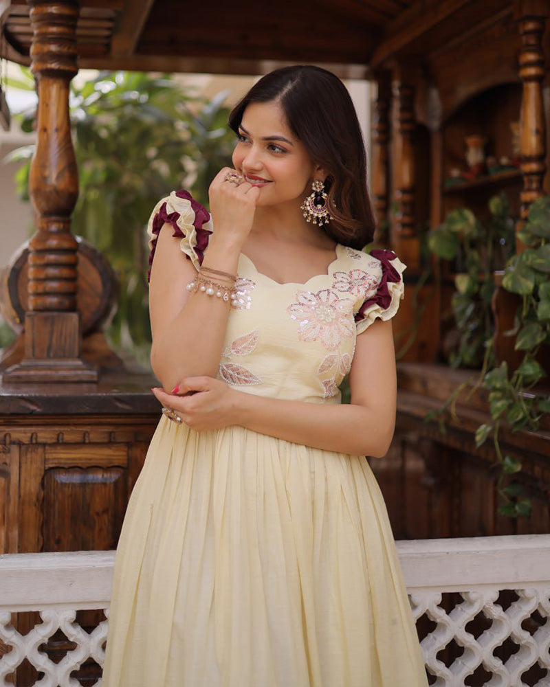 Off-White Color Pure Soft Cotton Embroidered Gown