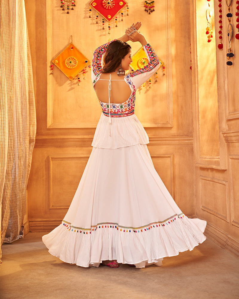 White Color Viscose Rayon Thread And Mirror Work Fully Stitched Navratri Lehenga Choli