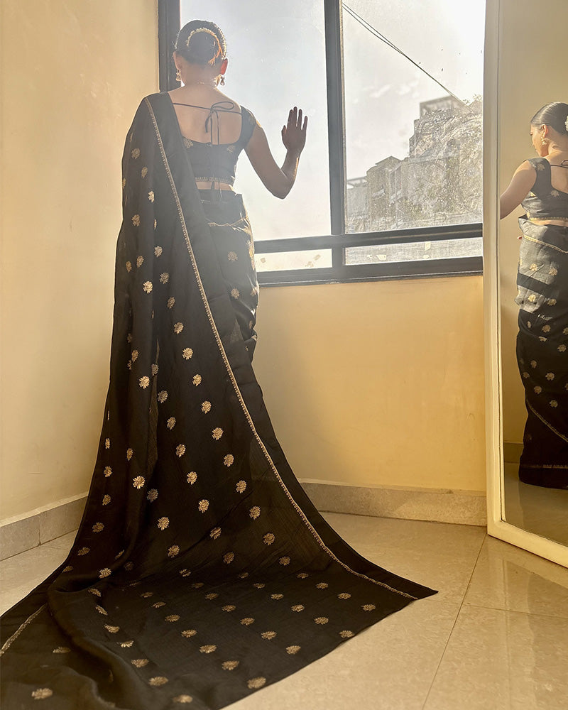 Black Color Viscose Soft Jute Khadi Saree