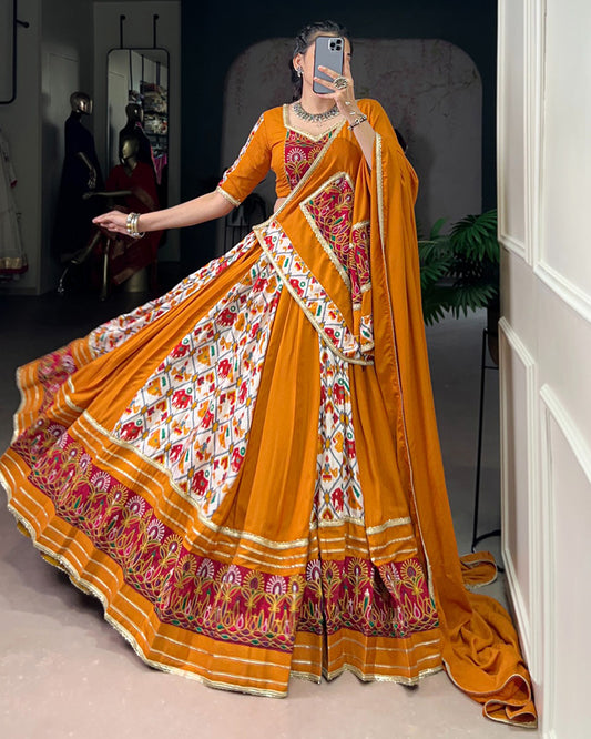 Mustard Color Pure Rayon Printed Silk Navratri Lehenga
