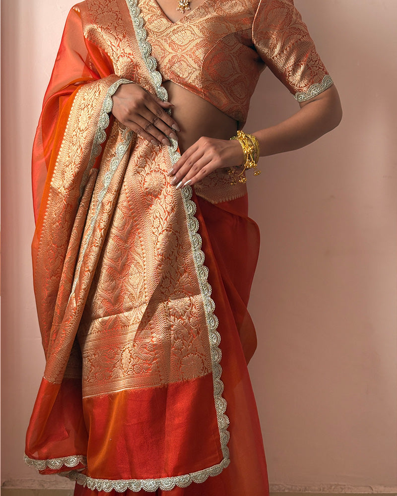 Orange Color Banarasi Tissue Saree