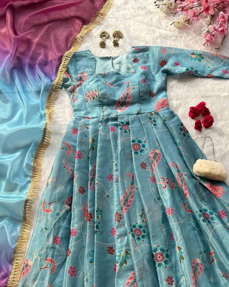 Sky Blue Color Digital Printed Soft Organza Gown