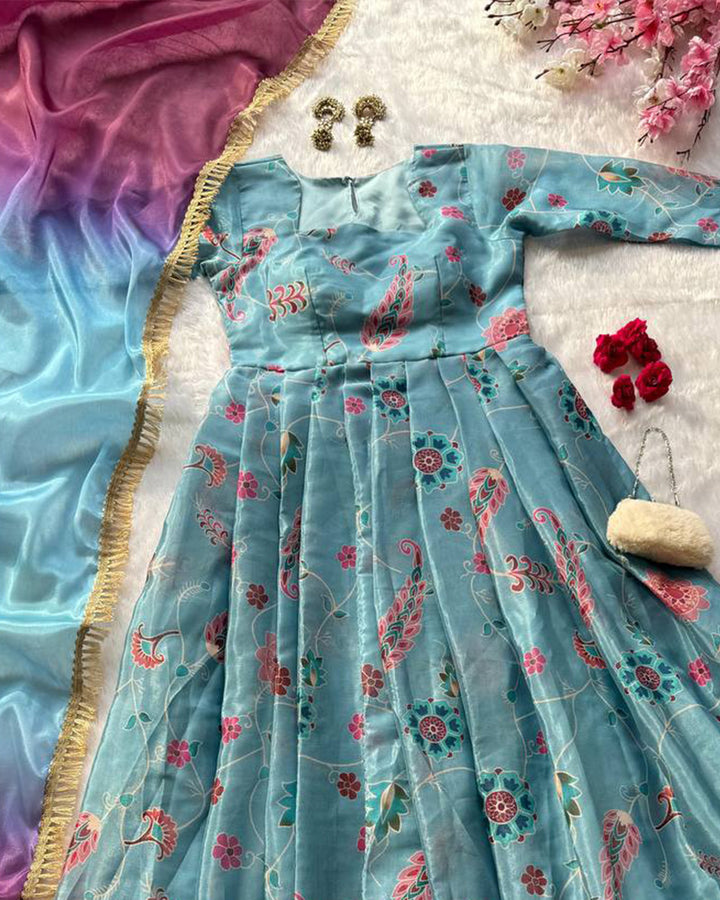 Sky Blue Color Digital Printed Soft Organza Gown