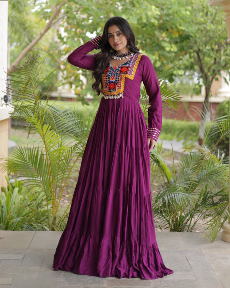 Three Color Rayon With  Kutchi Gamthi Embroidered Navratri Gown