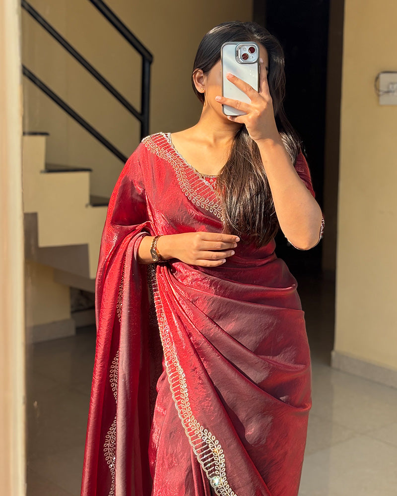Maroon Color Space Silk Sequence Embroidered Saree