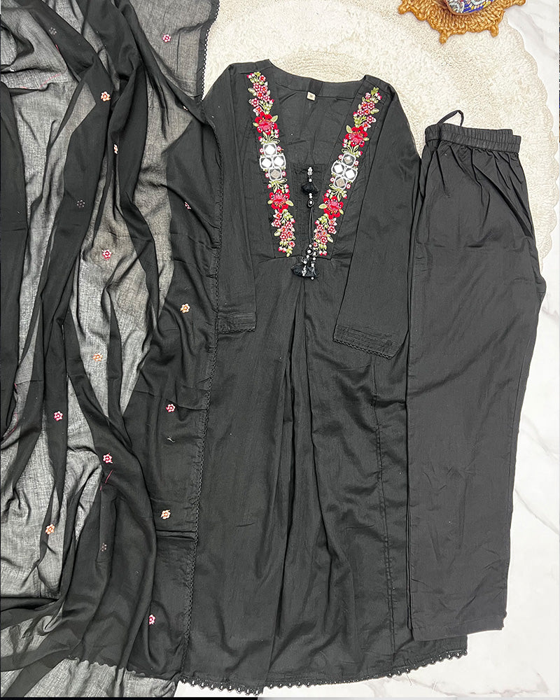 Black Color Mal Cotton Three Piece Kurti Suit