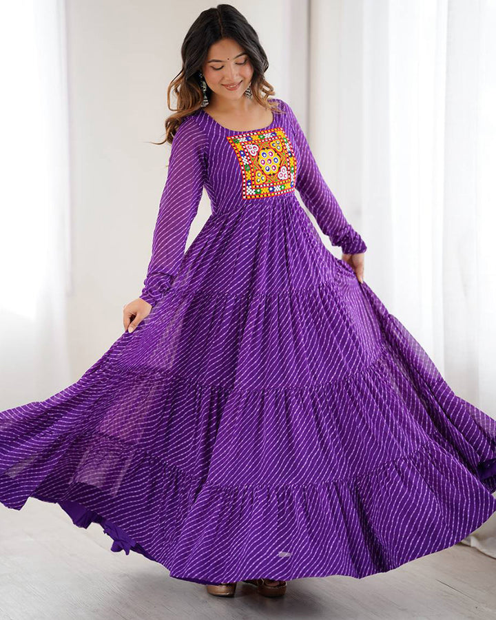 purple Color Georgette Laheriya Print Navratri Gown