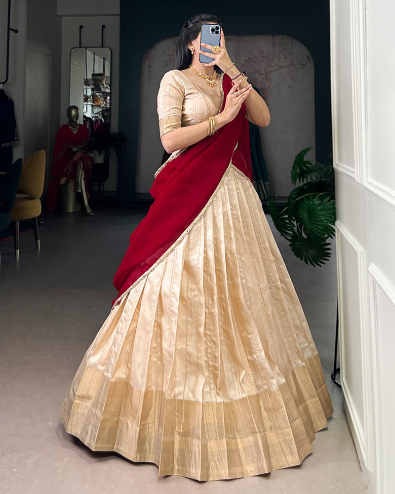 Cream Color Handloom Silk Zari Weaving Half Saree