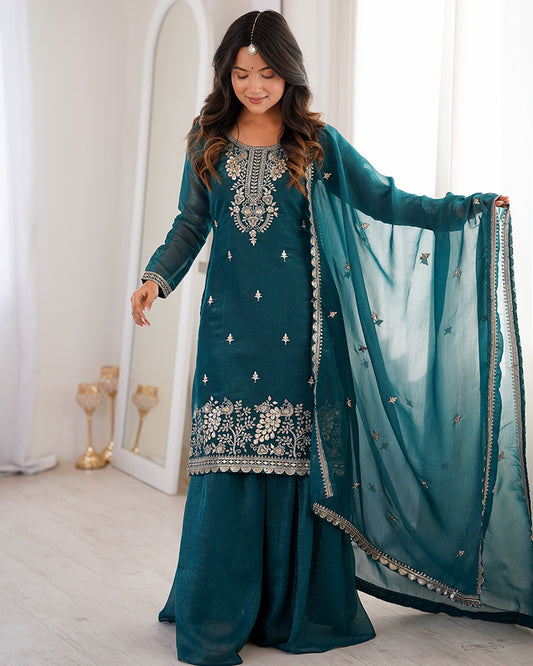 Teal Blue Color Soft Crunchy Silk Embroidered Plazzo Suit