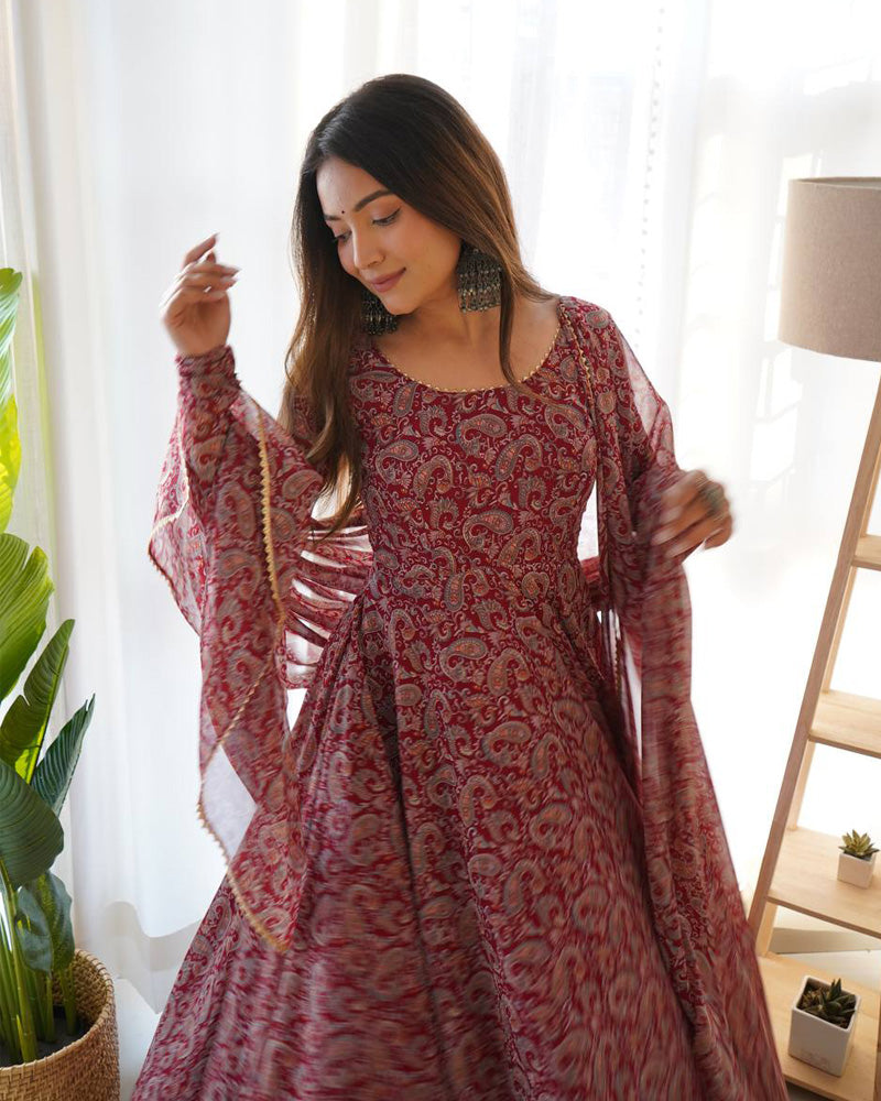Shamita shetty maroon georgette embroidered center slit anarkali suit 9145