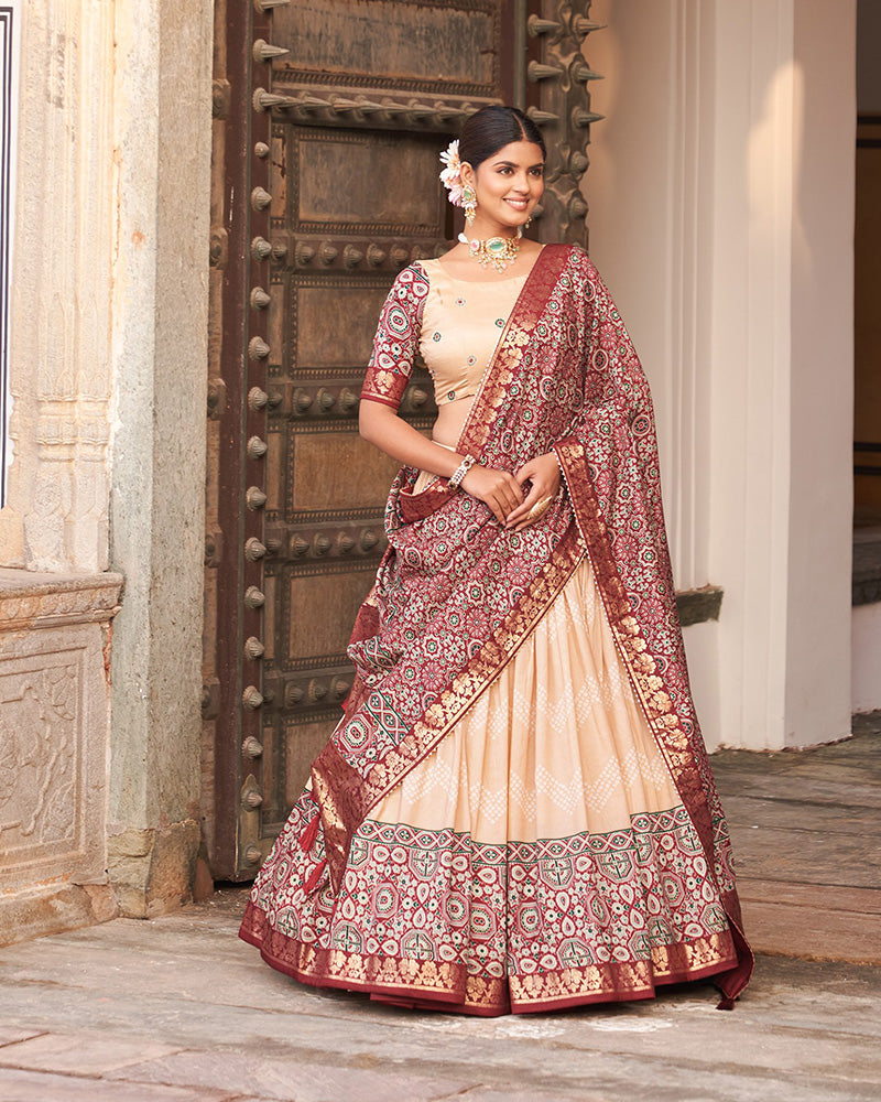 Designer Off White Color Ajarakh Print Silk Lehenga Choli