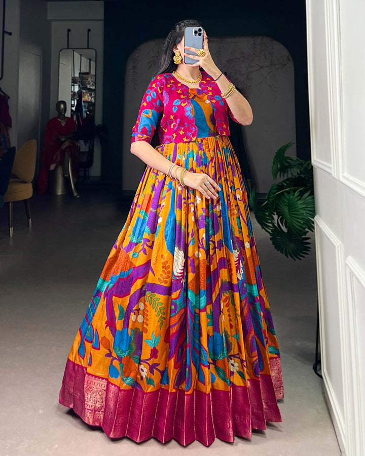 Mustard Color Tasar Silk Printed Gown With Koti