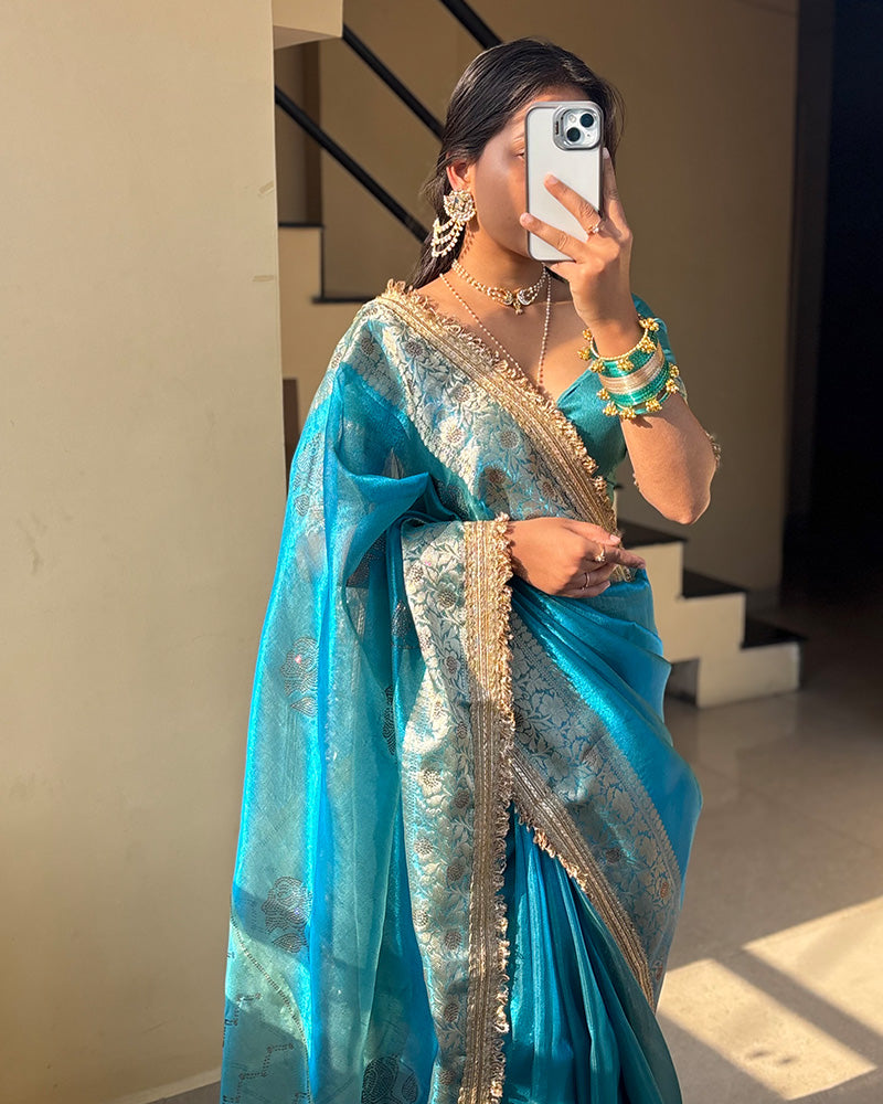 Sky Color Banarasi Tissue Silk Stone Work Saree