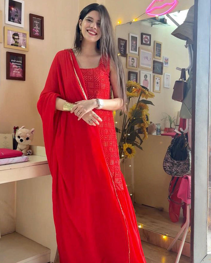 Mili Lakhmani in Red Color Lucknowi Anarkali Plazzo Suit